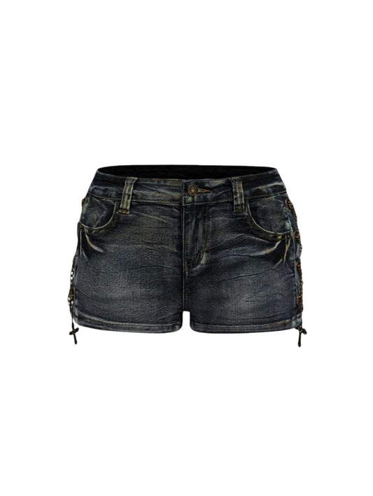 Plus Size Vintage Wash Cross Charm Low-Rise Denim Shorts