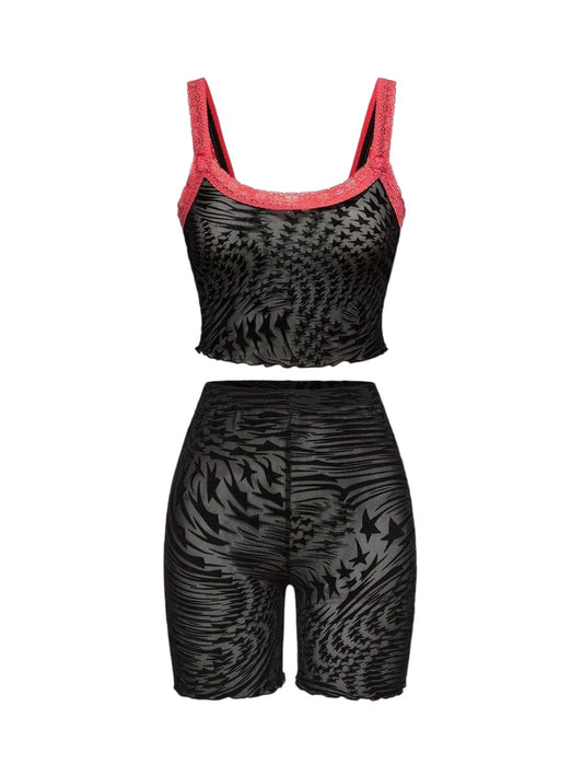 Vintage Tiger Stripe Lace Trim Cami & Shorts Set