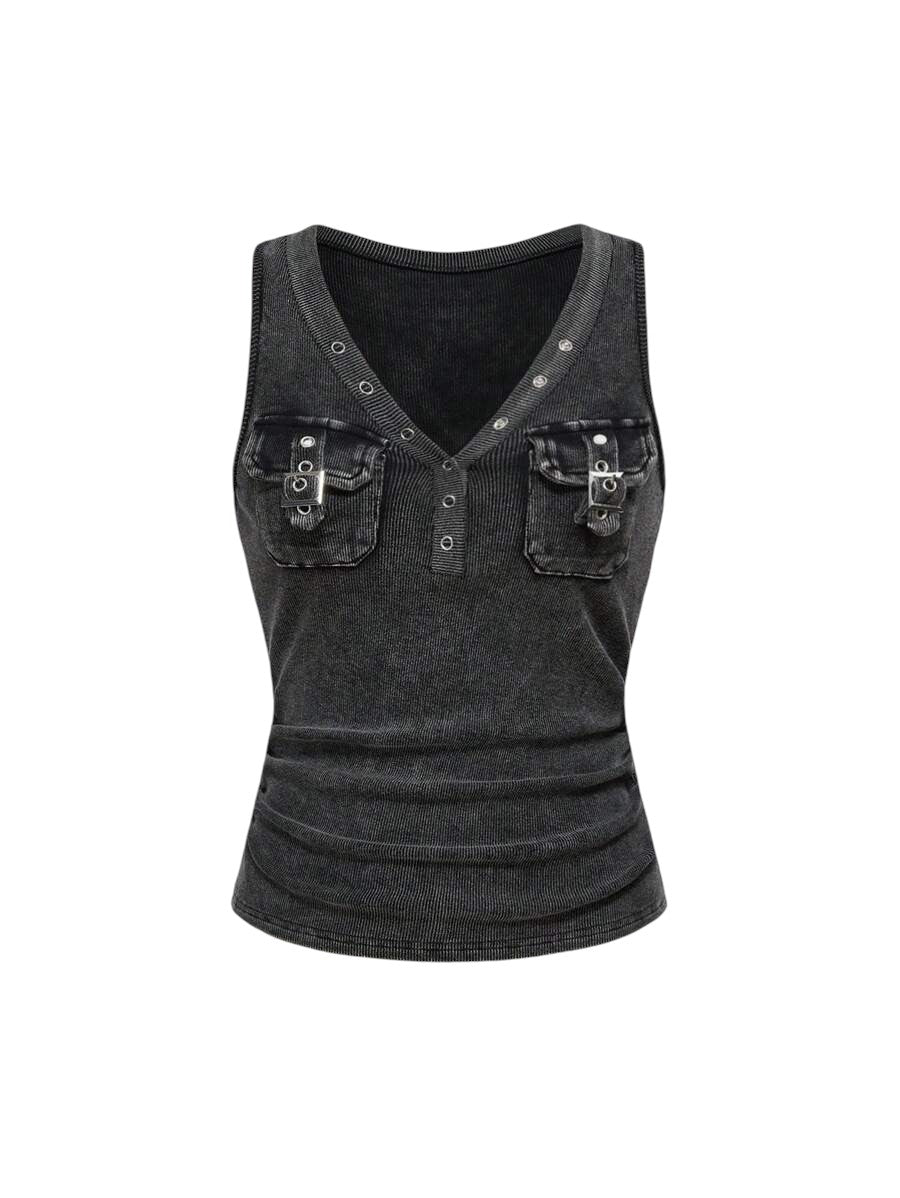 Women's Distressed Washed Ruched Tank Top with Cargo Pocket Detail