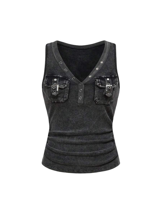 Women's Distressed Washed Ruched Tank Top with Cargo Pocket Detail