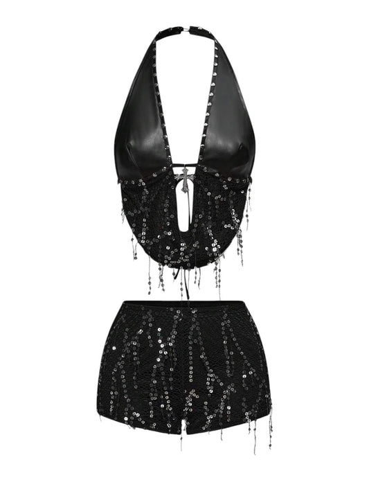 Cross Pendant Fishnet Halter Top & Shorts Two-Piece Set