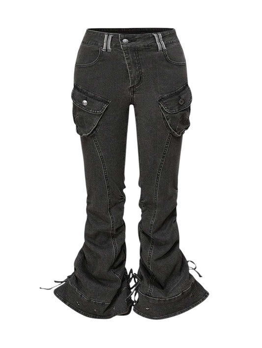 Women's Punk Rivet Low Rise Ruffled Capri Denim Jeans
