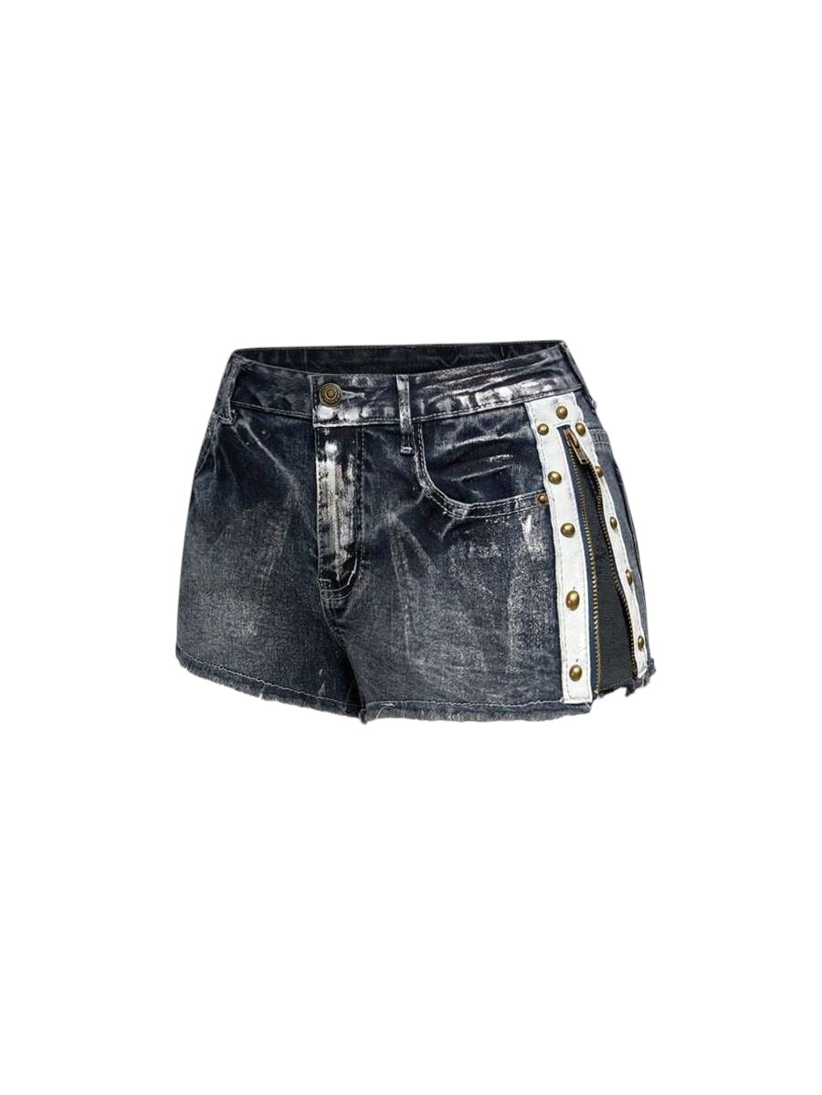Women's Distressed Wash Mini Denim Shorts with Side Zipper Detail