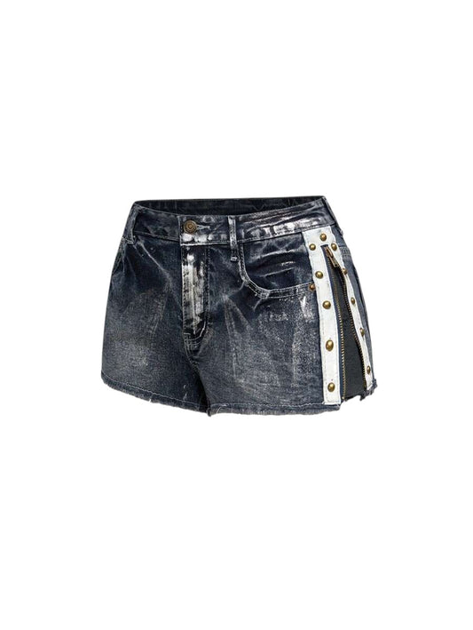 Women's Distressed Wash Mini Denim Shorts with Side Zipper Detail