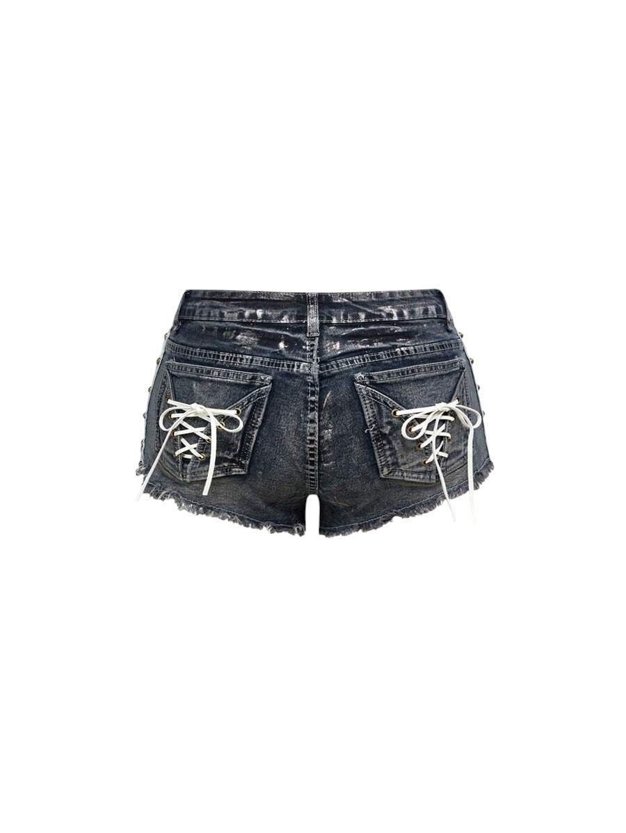Women's Distressed Wash Mini Denim Shorts with Side Zipper Detail