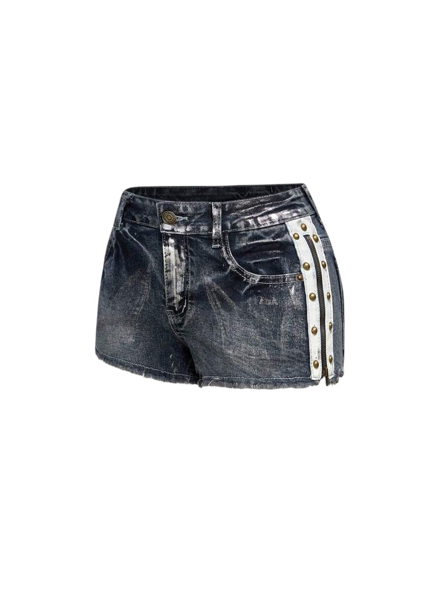 Women's Distressed Wash Mini Denim Shorts with Side Zipper Detail