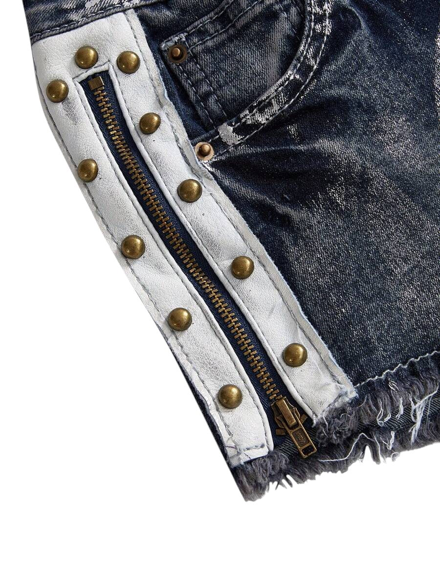 Women's Distressed Wash Mini Denim Shorts with Side Zipper Detail