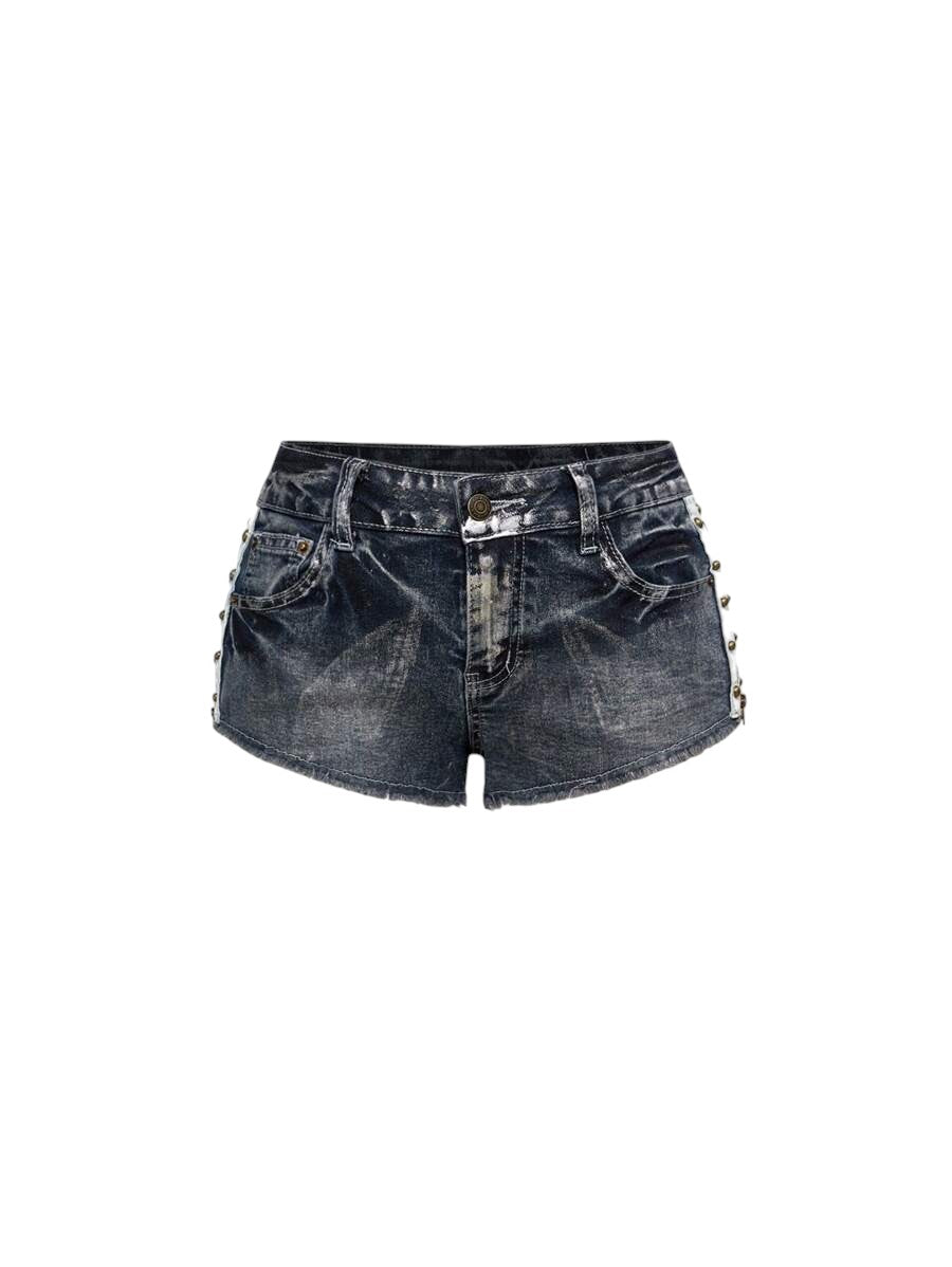 Women's Distressed Wash Mini Denim Shorts with Side Zipper Detail
