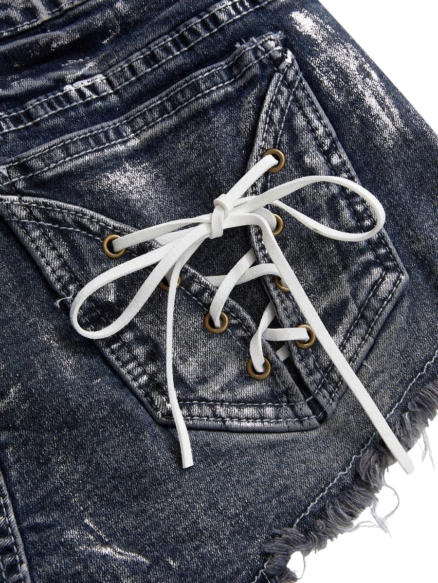 Women's Distressed Wash Mini Denim Shorts with Side Zipper Detail