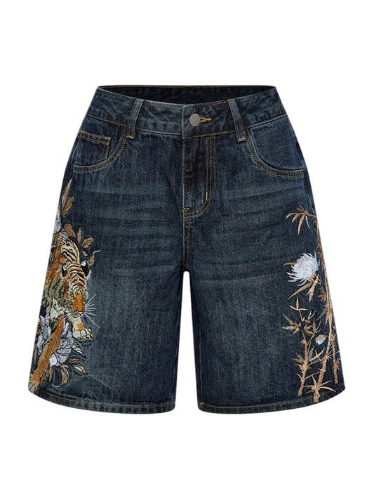 Women's Tiger & Floral Embroidered Blue Low-Rise Wide-Leg Denim Shorts