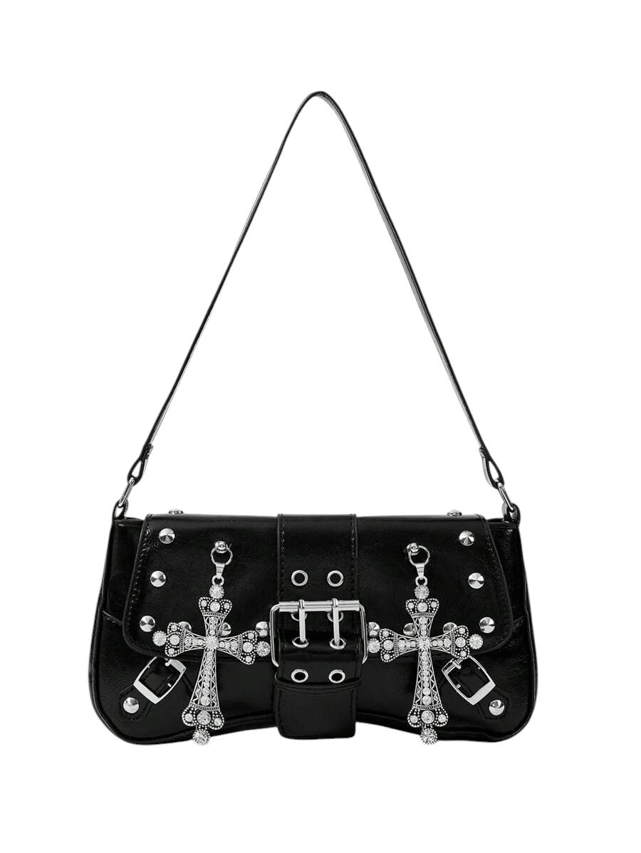 Women's Black Gothic Cross Rivet Hobo Shoulder Bag