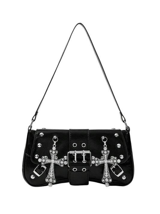 Women's Black Gothic Cross Rivet Hobo Shoulder Bag