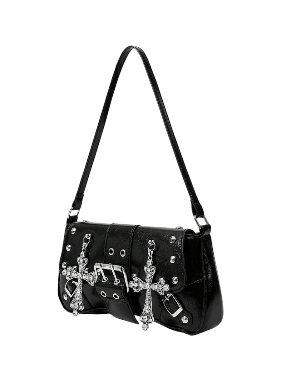 Women's Black Gothic Cross Rivet Hobo Shoulder Bag