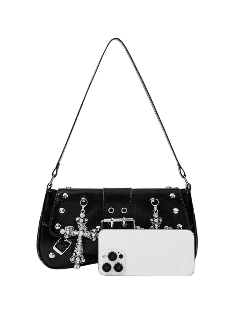Women's Black Gothic Cross Rivet Hobo Shoulder Bag