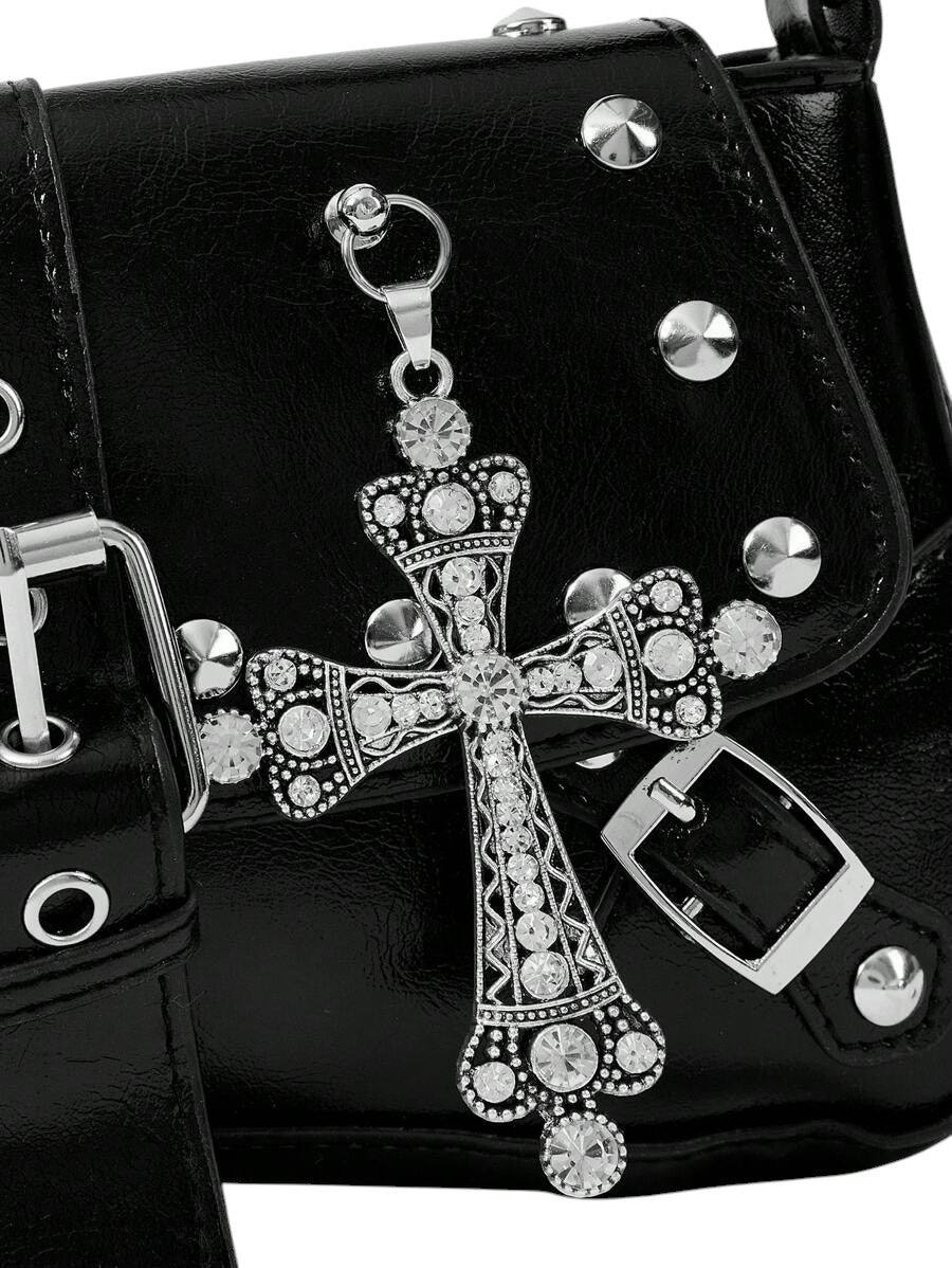 Women's Black Gothic Cross Rivet Hobo Shoulder Bag