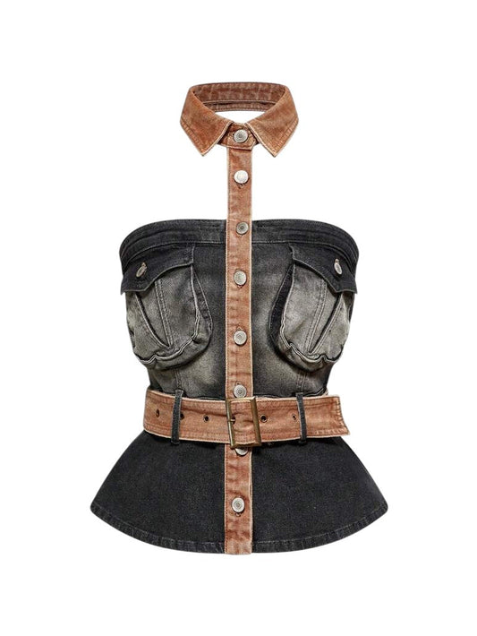 Contrast Color Block Halter Denim Vest