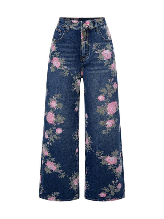 Blue Fairycore Vintage Floral Print Washed Baggy Flare Denim Jeans