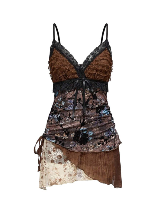 Vintage Floral Ruched Asymmetrical Layered Mini Dress