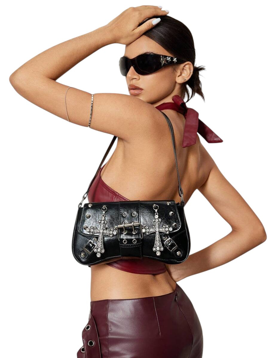 Women's Black Gothic Cross Rivet Hobo Shoulder Bag