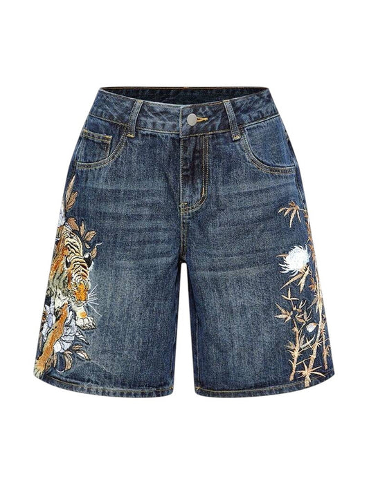 Women's Baby Blue Tiger & Floral Embroidered Low-Rise Wide-Leg Jeans
