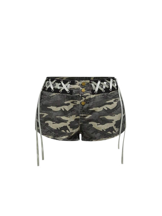 Women's Camouflage Lace-Up Ultra Low-Rise Denim Shorts