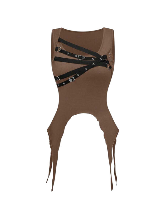Women's Brown Asymmetrical Hem Functional Knit Top