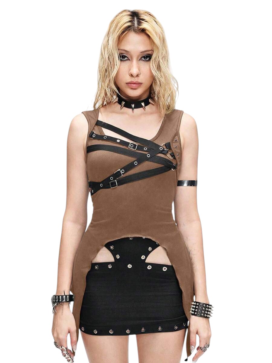 Women's Brown Asymmetrical Hem Functional Knit Top
