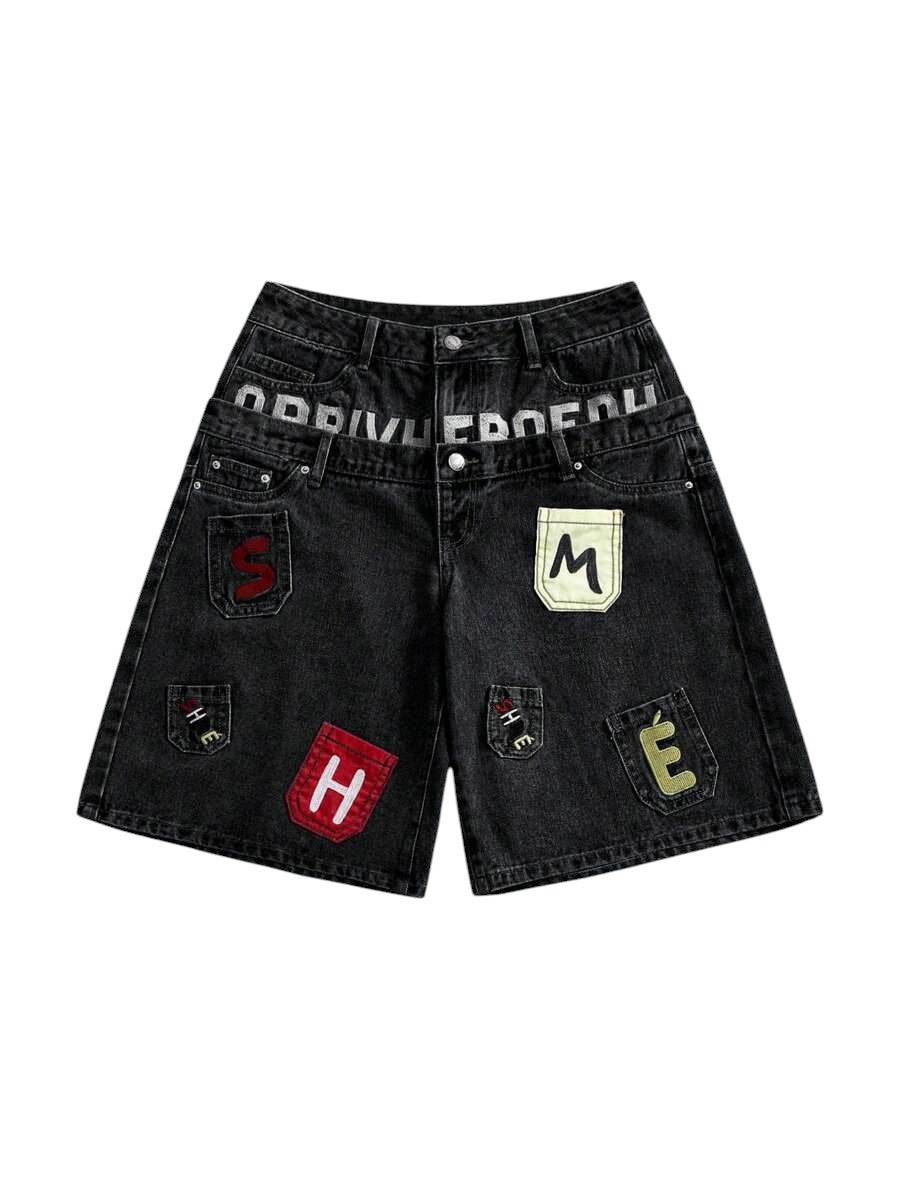 Y2K Embroidered Low Rise Loose Fit Denim Black Bermuda Shorts