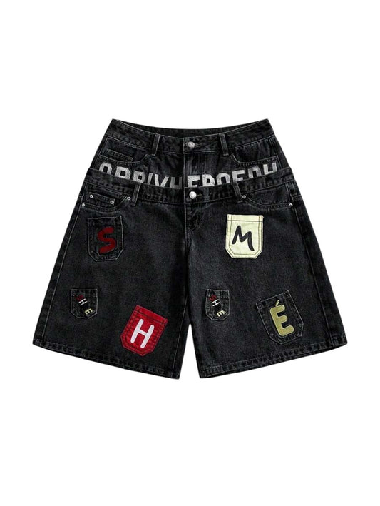 Y2K Embroidered Low Rise Loose Fit Denim Black Bermuda Shorts