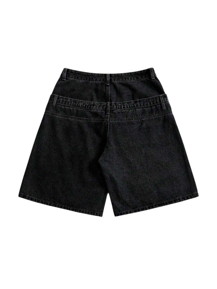 Y2K Embroidered Low Rise Loose Fit Denim Black Bermuda Shorts