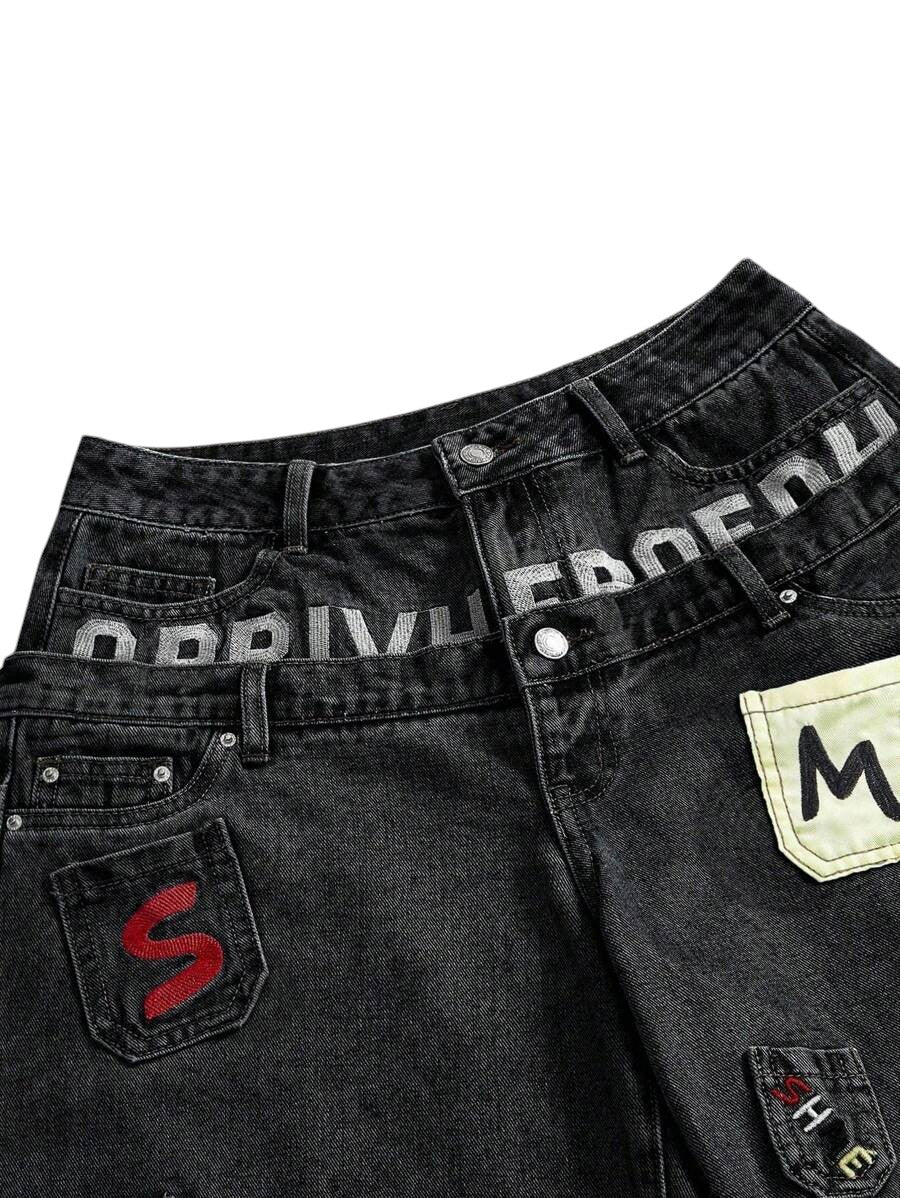 Y2K Embroidered Low Rise Loose Fit Denim Black Bermuda Shorts