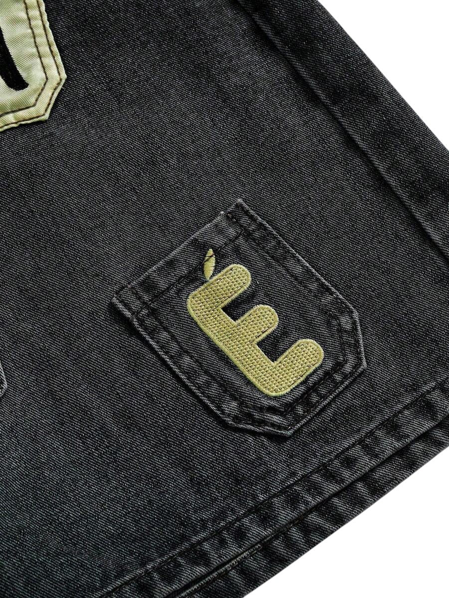 Y2K Embroidered Low Rise Loose Fit Denim Black Bermuda Shorts