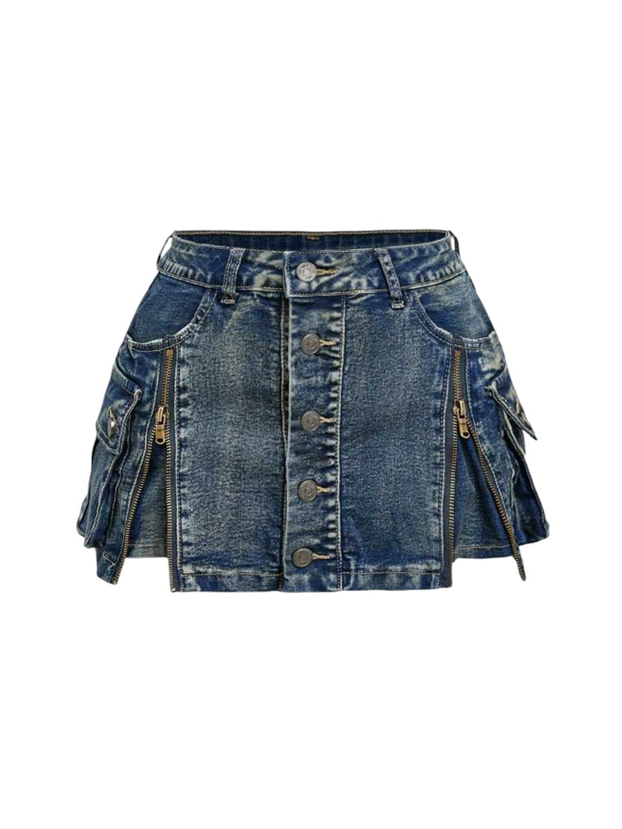 Plus Size Vintage Washed Low Rise Zip-Up Denim Mini Skirt