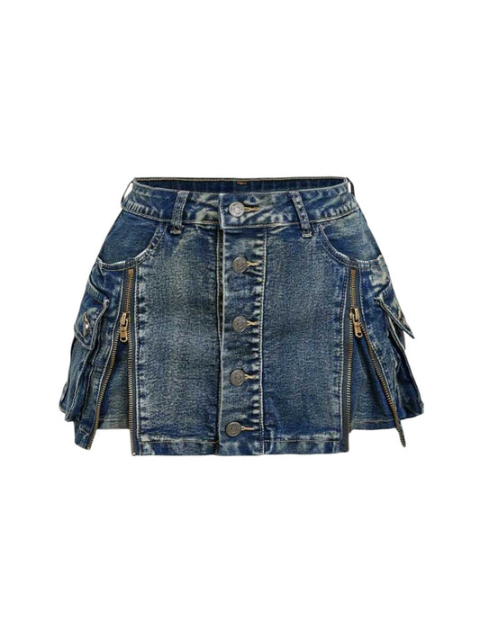 Plus Size Vintage Washed Low Rise Zip-Up Denim Mini Skirt