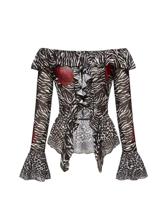 Women's Animal Print Off-Shoulder Ruffle Shirt Top