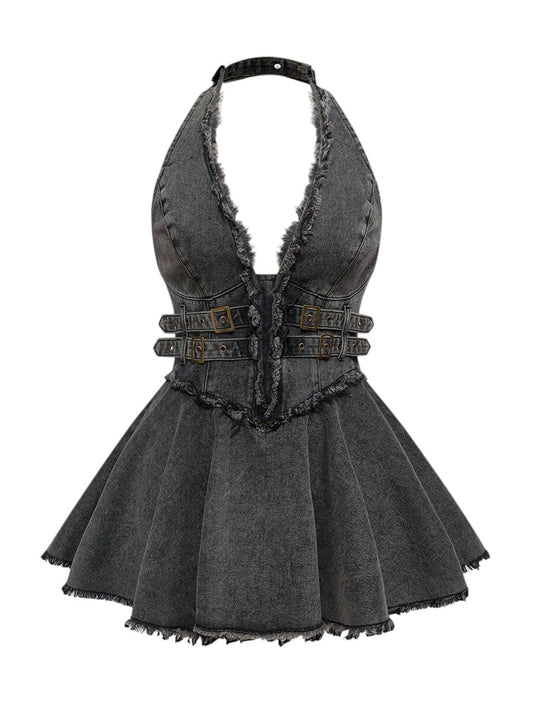 Plus Size Distressed Cold Shoulder Ruffle Hem Denim Mini Dress