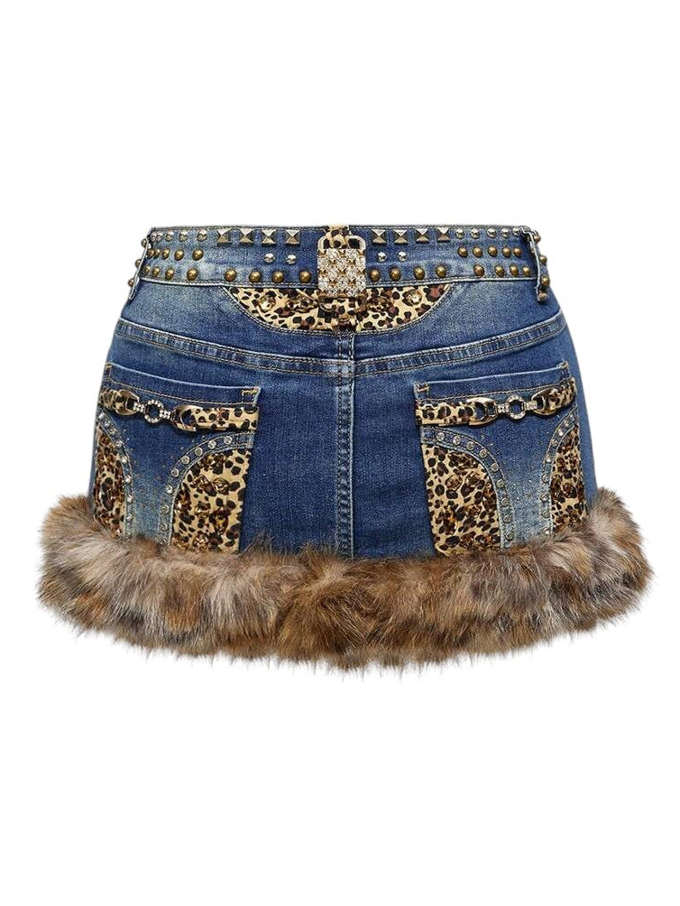 Plus Size Leopard Faux Fur Rhinestone Low Rise Denim Mini Skirt
