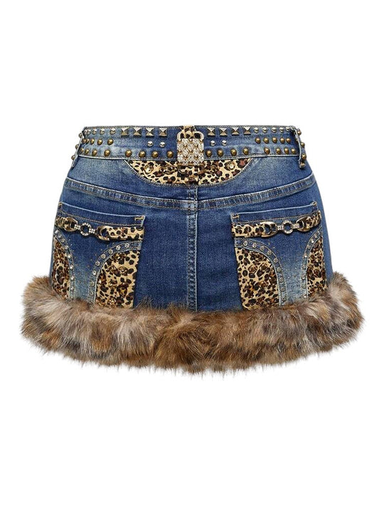 Plus Size Leopard Faux Fur Rhinestone Low Rise Denim Mini Skirt