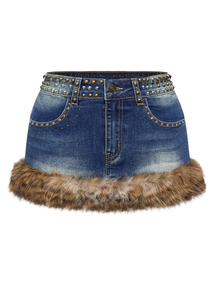 Plus Size Leopard Faux Fur Rhinestone Low Rise Denim Mini Skirt