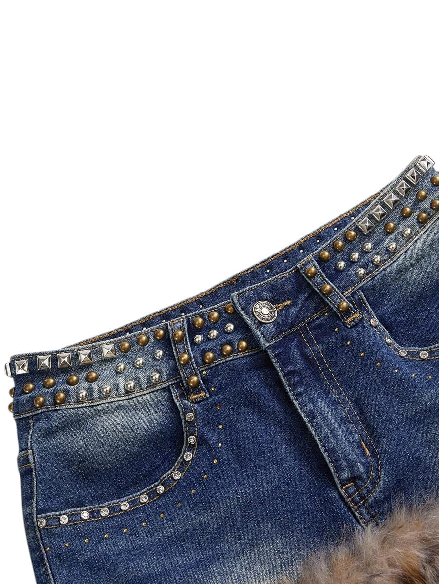 Plus Size Leopard Faux Fur Rhinestone Low Rise Denim Mini Skirt