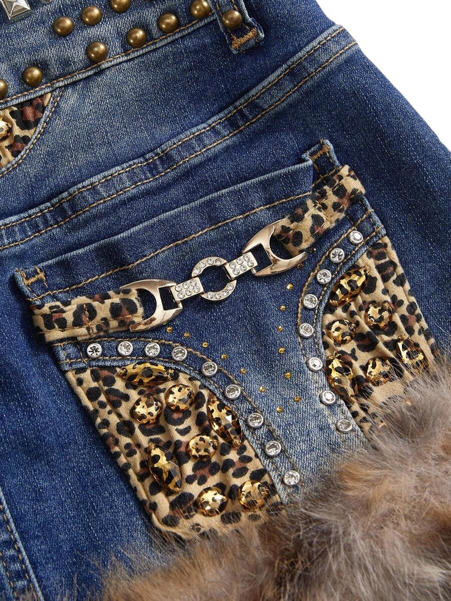 Plus Size Leopard Faux Fur Rhinestone Low Rise Denim Mini Skirt