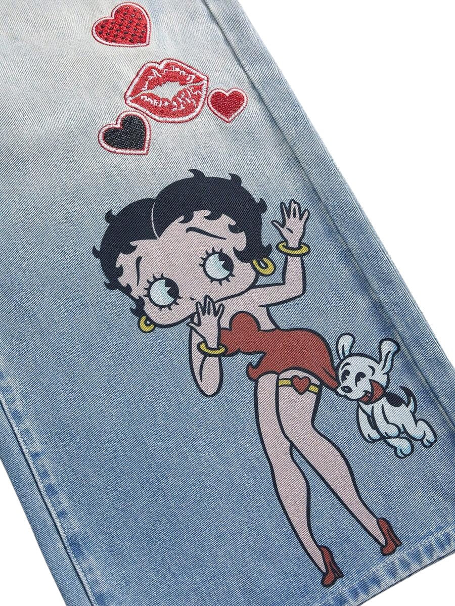 Betty Boop Baby Blue Embroidered Distressed Vintage Wash Plus Size Denim Jeans