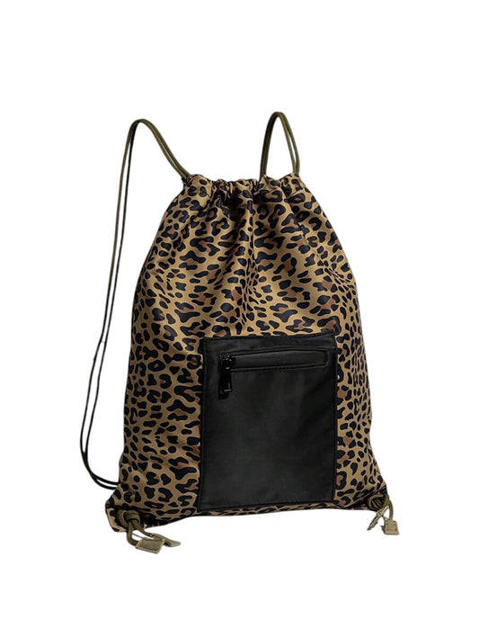 Vintage Leopard Print Multi-Pocket Drawstring Utility Backpack