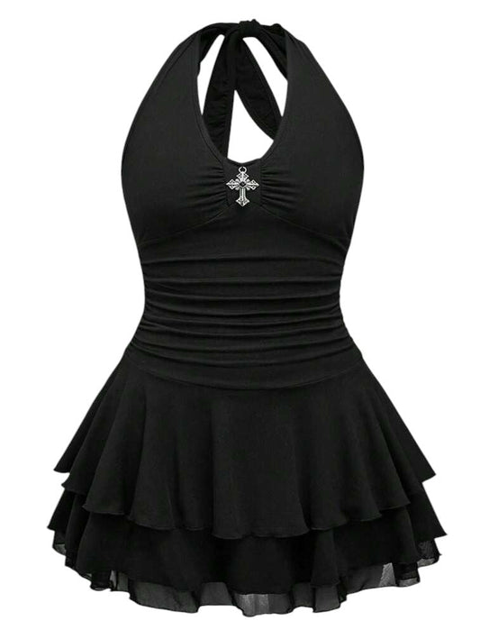 Elegance Black Lace Off-Shoulder Layered Mini Dress