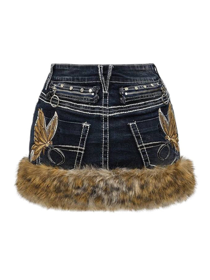 Leopard Butterfly Embroidered Low Rise Denim Mini Skirt With Belt