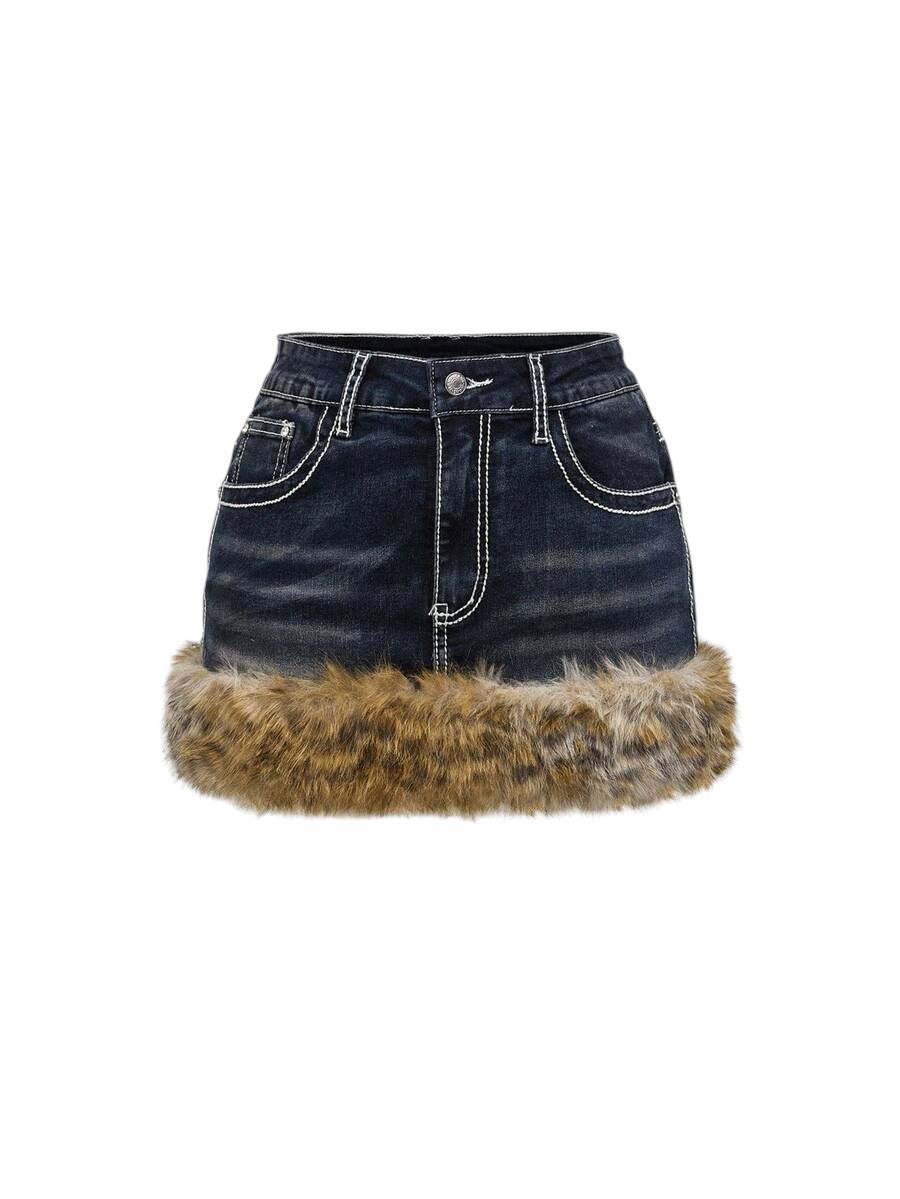 Leopard Butterfly Embroidered Low Rise Denim Mini Skirt With Belt