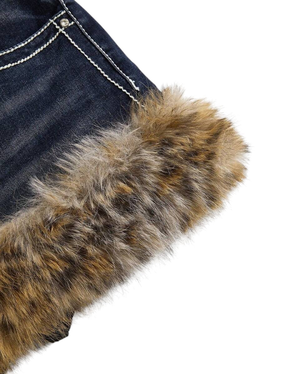 Leopard Butterfly Embroidered Low Rise Denim Mini Skirt With Belt