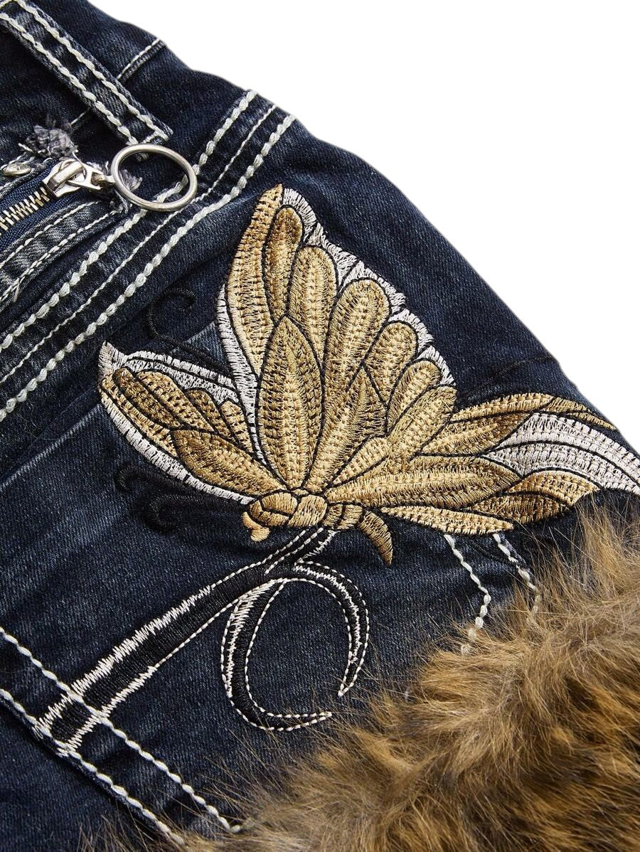 Leopard Butterfly Embroidered Low Rise Denim Mini Skirt With Belt