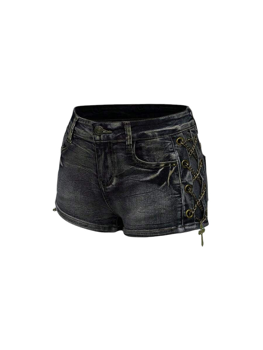 Women's Black Vintage Wash Low-Rise Denim Shorts with Cross Charm Detail