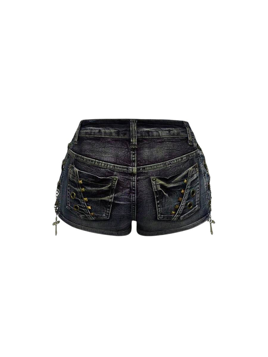 Women's Black Vintage Wash Low-Rise Denim Shorts with Cross Charm Detail